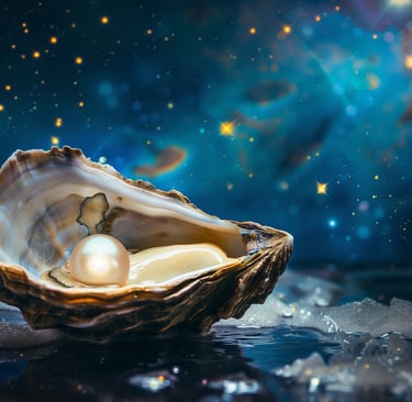 A perfect pearl in an oyster shell against a blue cosmic backdrop