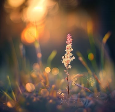 A single flower in the grass with a sun shining in the background creating bokeh