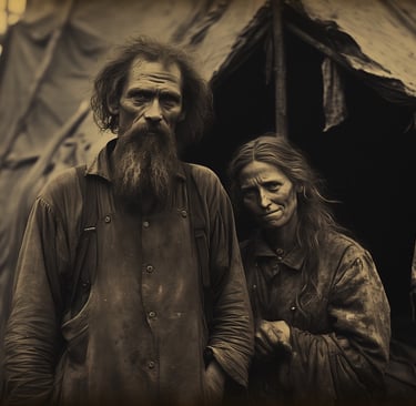 An early Australian pioneering couple in front of the shanty home