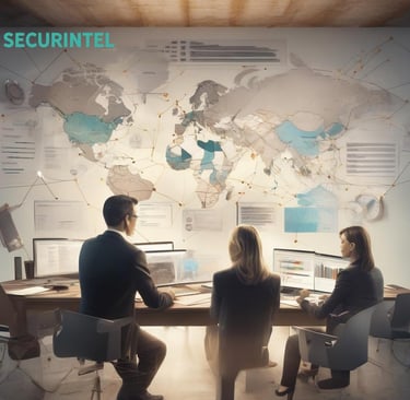 a group of people sitting at a desk with computers in SECURINTEL office