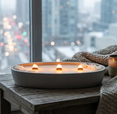 Ambiente acogedor 'anti-estrés' con vela encendida de tres mechas Your Wax Light, manta de punto y café frente a una ventana.