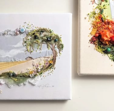 a watercolor painting with embroidery and bead additions