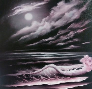 a moonlit ocean wave in the style of bob ross