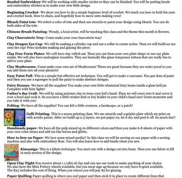 an explanation of all the classes offered this month