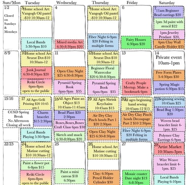 Calendar of art activities available in studio