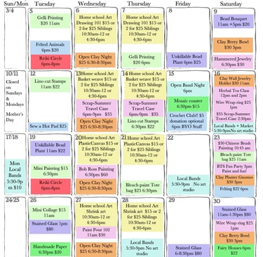 May calendar of art classes