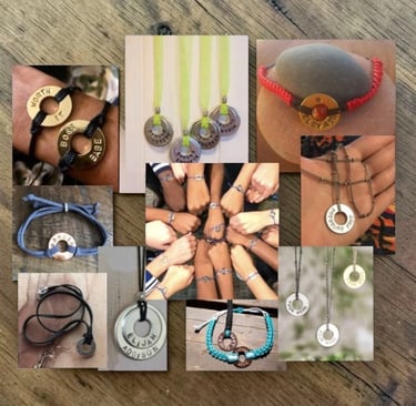 Image of hands with stamped personal bracelet pendants