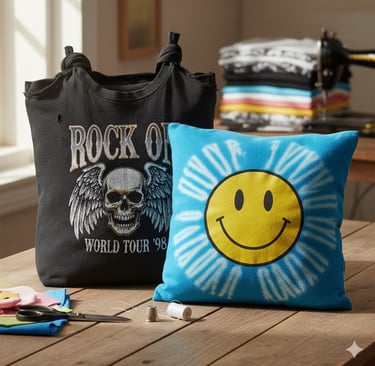 A pillow made from a rock band t-shirt and tote bag made from a t-shirt on a table