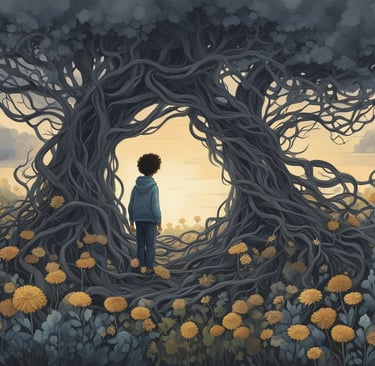 a boy standing in a field with a tree in the background