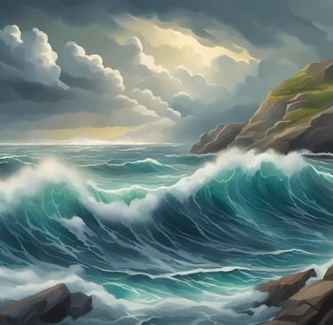 a painting of a large wave crashing over a cliff