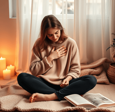 a woman sitting on a blanket in a room