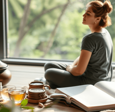 a woman sitting on a bed with a book and a cup of coffee
