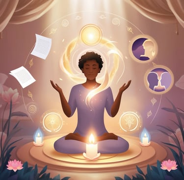 a woman sitting in a meditation position with a candle