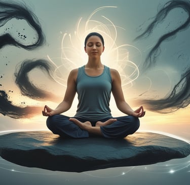 a woman sitting in a lotus position on a rock