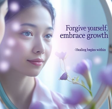 A close-up of a person gazing into a mirror with a gentle, reflective expression.