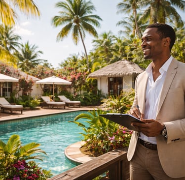 Manager caribéen souriant supervisant un hôtel 4 étoiles indépendant avec bungalows et piscine, dans un cadre tropical 