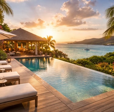 Vue paysage d’un hôtel de luxe dans les Caraïbes avec piscine à débordement au coucher du soleil, terrasse et mer turquoise