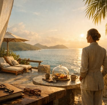 Terrasse d’un hôtel boutique aux Caraïbes françaises au coucher de soleil, vue mer, ambiance premium et calme