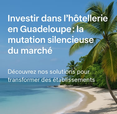 Vue d’un hôtel de charme en Guadeloupe, bordé de palmiers et de mer turquoise, symbolisant l’évolution vers une hôtellerie ha