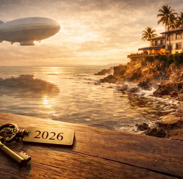 Hôtel en bord de mer en Guadeloupe au coucher du soleil, falaise en érosion, clé “2026” au premier plan et dirigeable Hinden.