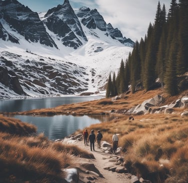 a mountain scene with a river and a mountain in the background