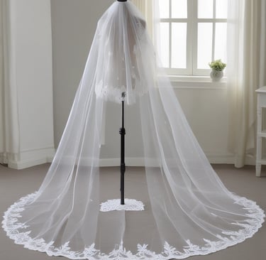 A bride wearing an elegant, beaded white wedding dress gazes lovingly at someone in a black suit. Her makeup is elaborate, and she wears a pearl-covered veil.