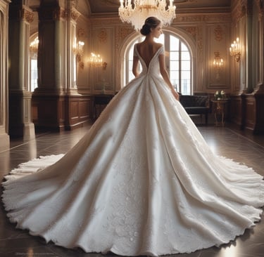 A woman in an elegant, long bridal gown stands next to a large window, with natural light highlighting the intricate lace design of the dress. Her hair is styled in an elaborate updo, adorned with decorative accessories. The background shows bare tree branches through the window, indicating a scene set in winter or late fall.