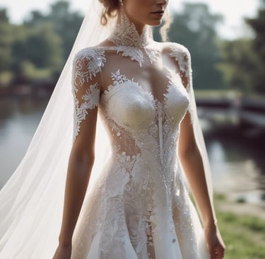 A storefront of a clothing or bridal shop is seen, showcasing a white gown displayed behind a large glass window. Above the window, a red diamond-shaped sign with writing is mounted on a wood-textured exterior wall.