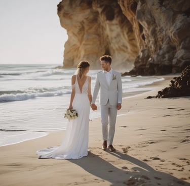 A display of elegant, intricately designed gowns on mannequins, featuring a central dress with a voluminous skirt. The scene includes fashion sketches, fabric swatches, and thread spools, all set against a dark backdrop that highlights the shimmering details of the dresses.