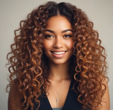 Une jeune femme métisse aux cheveux bouclés et portant un collier