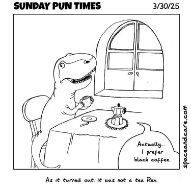 A T-rex drinking coffee at a cafe.