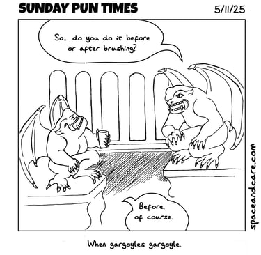 Two gargoyles talking about dental health.
