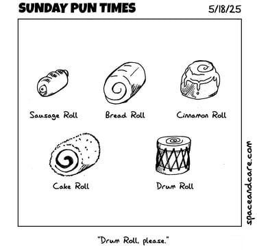Four different breads or pastries and a little drum.