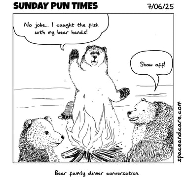 Three bears around a campfire telling stories of their feats.