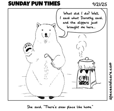 A polar bear wearing ruby slippers and cooking soup in the snow