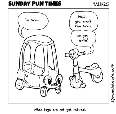 A baby car and a balance bike complain about being tired