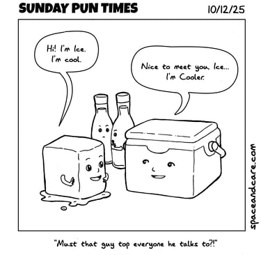 An ice and a cooler introduce themselves, while some drink bottles criticize the cooler.