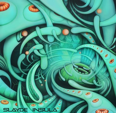a painting of a green and white swirly design, with the words SLAYDE INSULA in bottom left
