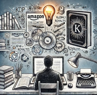 Illustration montrant un auteur travaillant sur un ordinateur affichant l’interface Amazon KDP