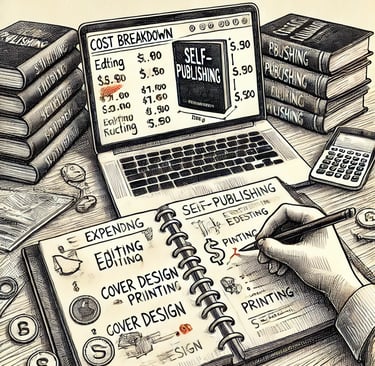 Illustration d’un auteur assis à un bureau, calculant les coûts d’autoédition, entouré d’un tableau 