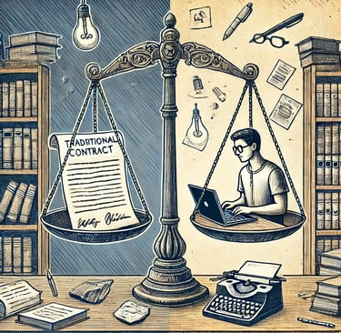 Illustration montrant une balance entre l’autoédition, symbolisée par un auteur travaillant