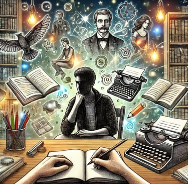 auteur entouré de personnages fictifs et d’éléments créatifs, symbolisant l’imaginaire et la passion
