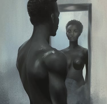 a man and woman in front of a mirror