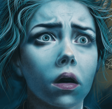 a frightened woman with blue hair and blue eyes