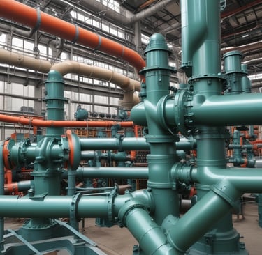 A close-up view of industrial machinery, featuring metal pipes, valves, and a large cylindrical component. The equipment is composed of various metallic surfaces, with visible screws and clamps securing the parts together. The texture of the metal appears weathered.