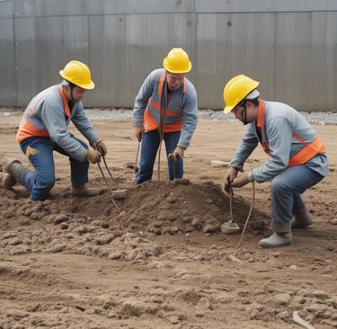 Several workers are engaged in a construction project, surrounded by numerous rebar rods. They are using equipment to pour concrete, with one worker guiding the chute and others spreading the mixture on the surface.
