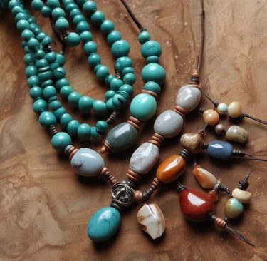 A street market stall features an array of handmade jewelry displayed on wooden platforms and circular trays. The crafts include necklaces and bracelets, emphasizing a rustic, natural aesthetic. Signs in the background suggest a theme of returning to nature. The setting has a casual, artisanal vibe.