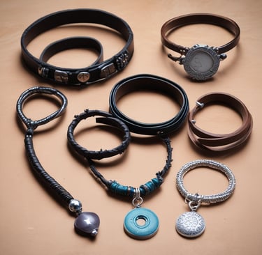 Several pieces of jewelry, including earrings and a necklace with green stones, are placed on a weathered tree stump. The jewelry has metal fittings, giving it a rustic and elegant look.