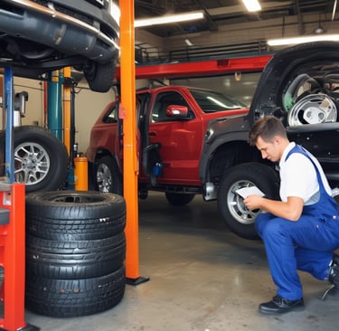 A car service or repair garage is depicted, with a vehicle hoisted on a lift. A laptop is placed on a nearby workstation with an open drawer filled with tools. The environment features tiled walls and floor, and equipment such as a tire changer and a balancing machine. Fluorescent lighting provides illumination.