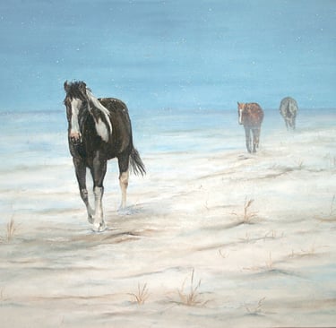 a painting of horses heading home in the snow